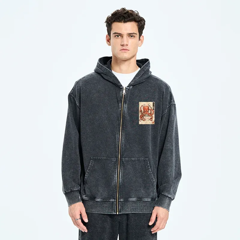 Tokyo-Tiger Retro Octopus Eating Ramen Washed Zip Hoodie