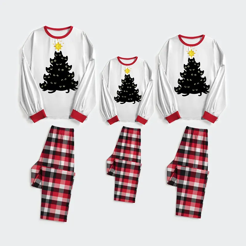 Tokyo-Tiger Black Cat Christmas Tree Family Pajama Sets