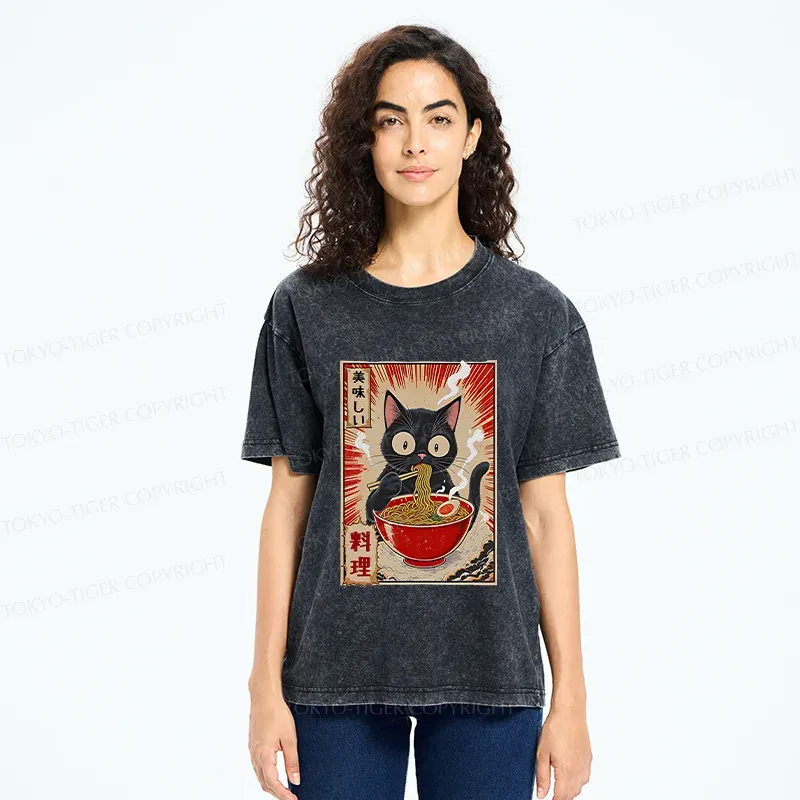 Tokyo-Tiger Black Cat Eating Ramen Comic Washed T-Shirt