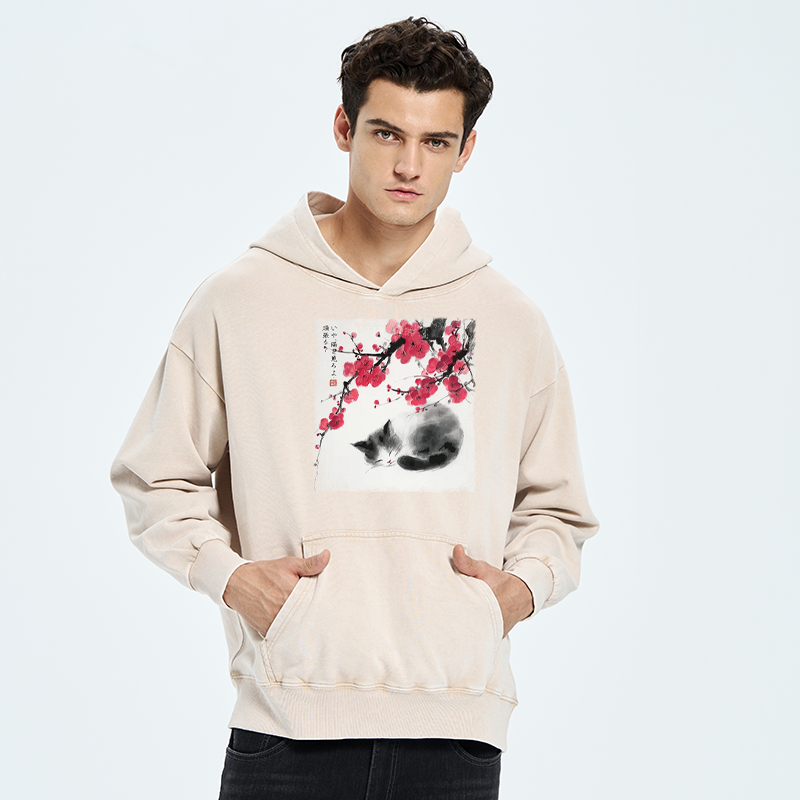 Tokyo-Tiger Ink Wash Painting: A Cat Lying Flat Under The Tree Washed Hoodie