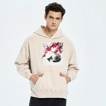 Tokyo-Tiger Ink Wash Painting: A Cat Lying Flat Under The Tree Washed Hoodie