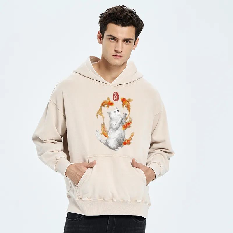 Tokyo-Tiger Zen Cat And The Dancing Fish Washed Hoodie