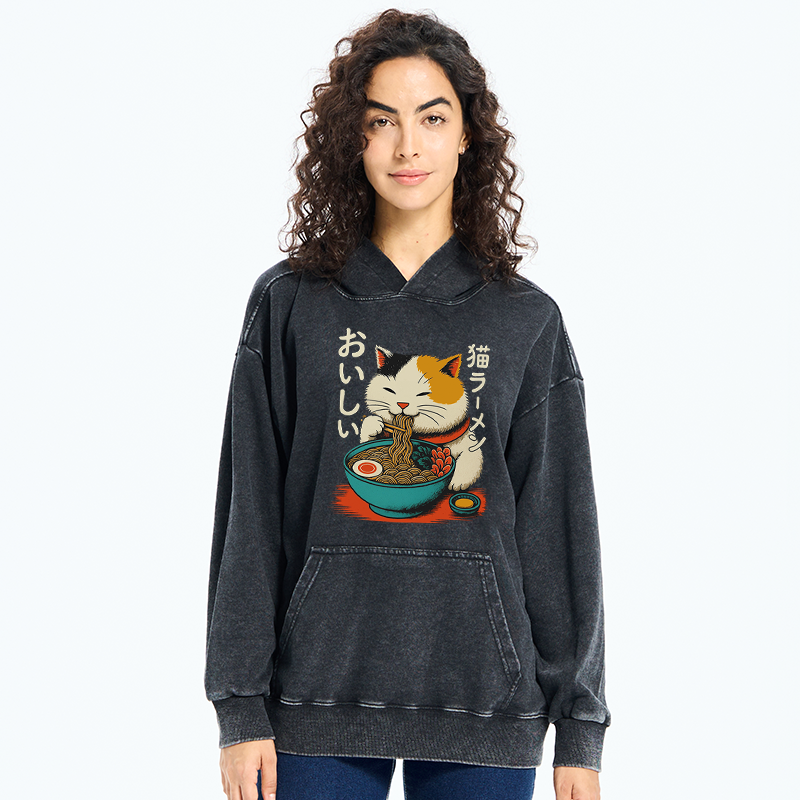 Tokyo-Tiger Cute Eat Eating Japanese Ramen Washed Hoodie