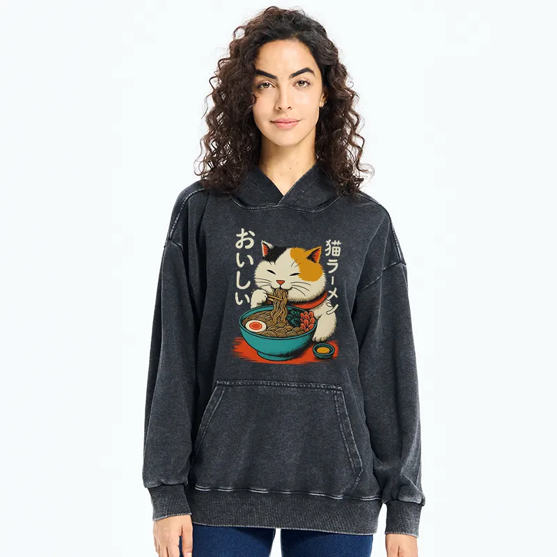Tokyo-Tiger Cute Eat Eating Japanese Ramen Washed Hoodie