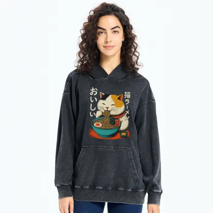 Tokyo-Tiger Cute Eat Eating Japanese Ramen Washed Hoodie