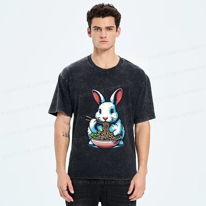 Tokyo-Tiger Easter Bunny Eating Ramen Washed T-Shirt