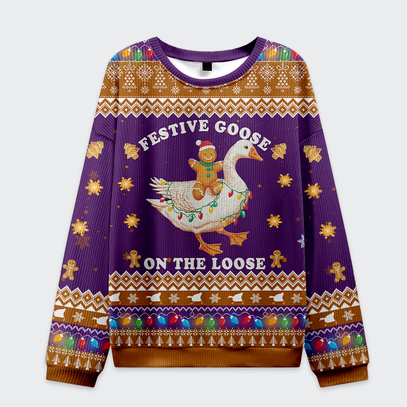 Tokyo-Tiger Joyful Gingerbread Goose Ride Christmas Ugly Sweatshirt
