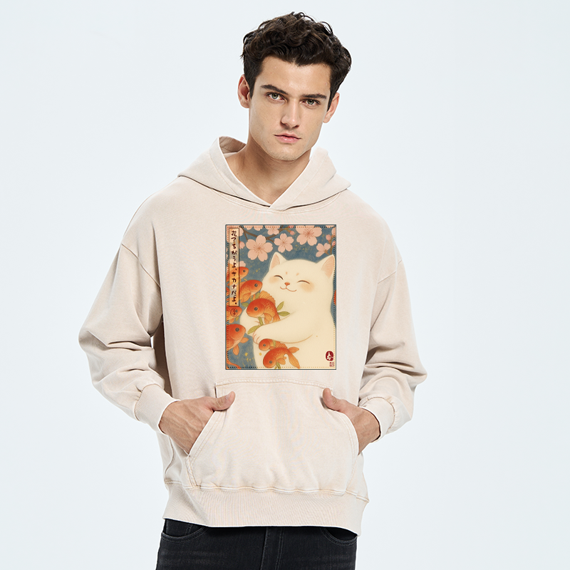 Tokyo-Tiger Funny Ukiyoe Cat and Fish Flower Washed Hoodie