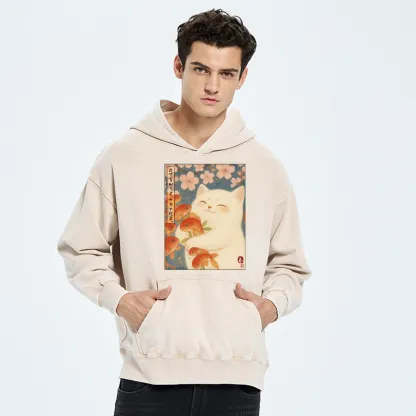 Tokyo-Tiger Funny Ukiyoe Cat and Fish Flower Washed Hoodie