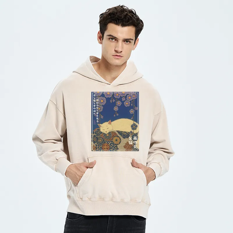 Tokyo-Tiger Ukiyoe Wisteria Flowers and Cats Washed Hoodie