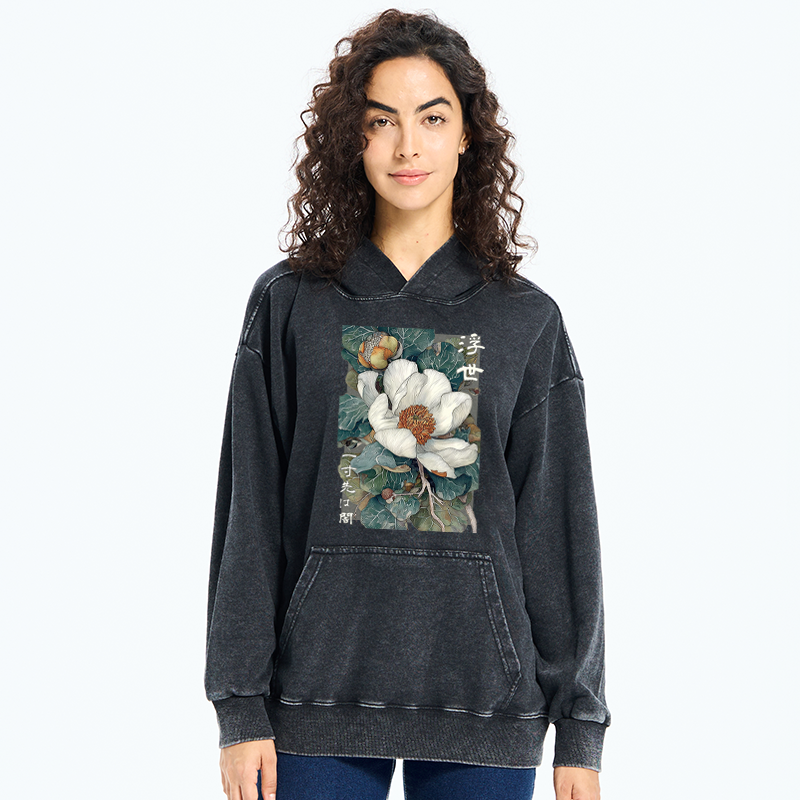 Tokyo-Tiger Ukiyoe Magnolia Flower Poster Washed Hoodie