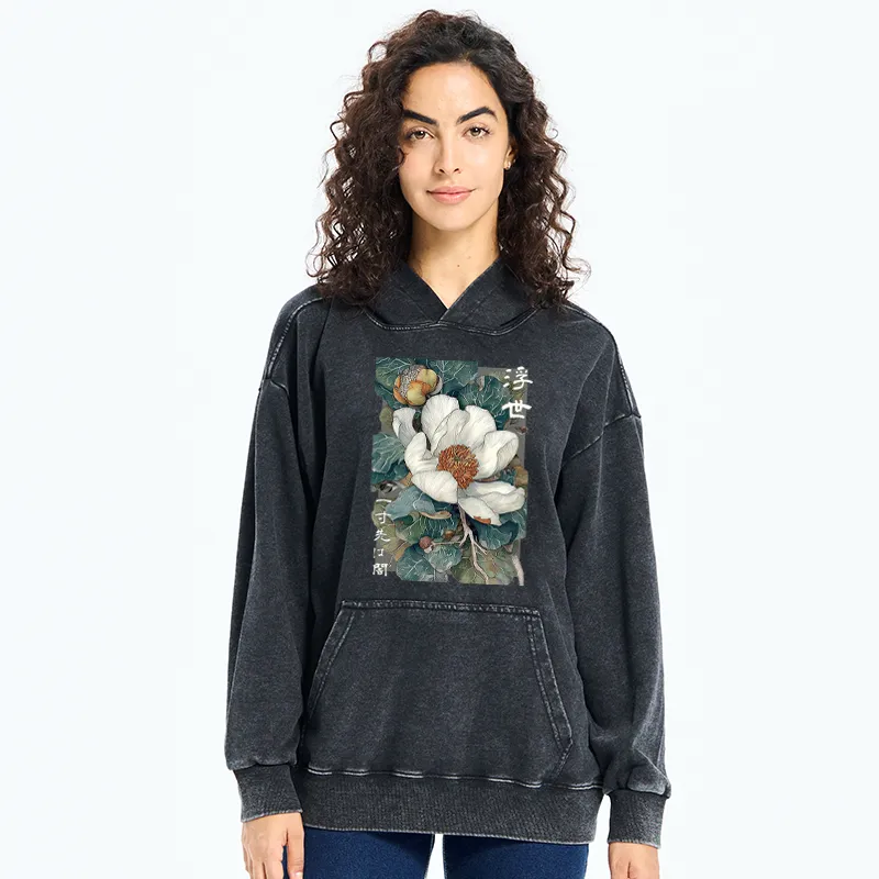 Tokyo-Tiger Ukiyoe Magnolia Flower Poster Washed Hoodie