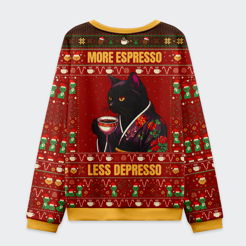 Tokyo-Tiger A Cat Drinking Coffee：More Espresso Less Depresso Christmas Ugly Sweatshirt