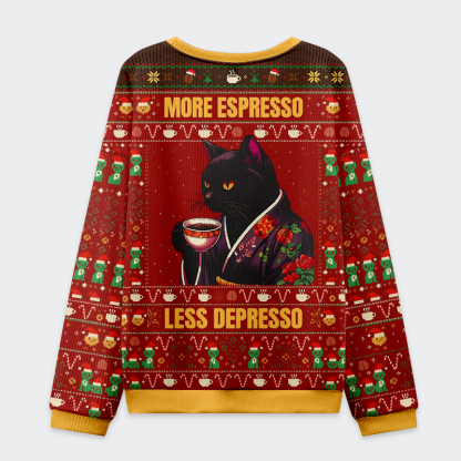 Tokyo-Tiger A Cat Drinking Coffee：More Espresso Less Depresso Christmas Ugly Sweatshirt