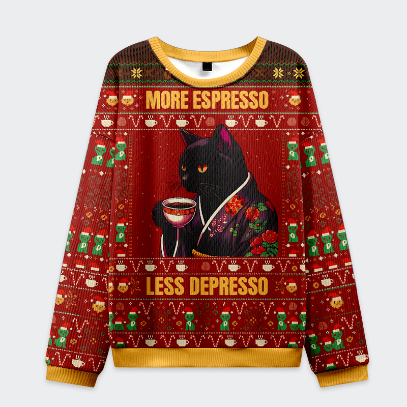 Tokyo-Tiger A Cat Drinking Coffee：More Espresso Less Depresso Christmas Ugly Sweatshirt