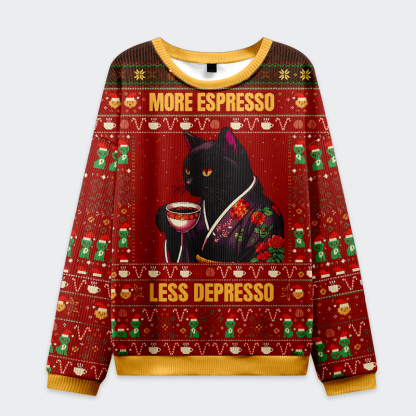 Tokyo-Tiger A Cat Drinking Coffee：More Espresso Less Depresso Christmas Ugly Sweatshirt