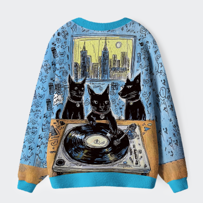 Tokyo-Tiger Meow-sic on the Decks Ugly Cardigan Sweater
