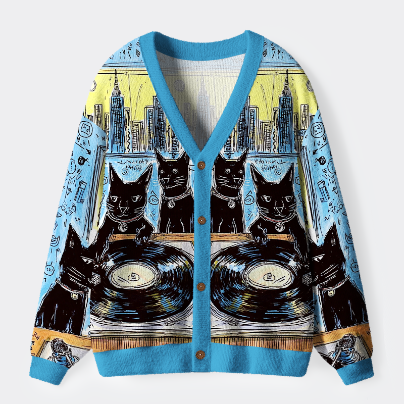 Tokyo-Tiger Meow-sic on the Decks Ugly Cardigan Sweater