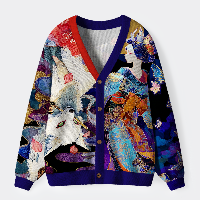 Tokyo-Tiger Kitsune’s Enchanted Blossoms Ugly Cardigan Sweater