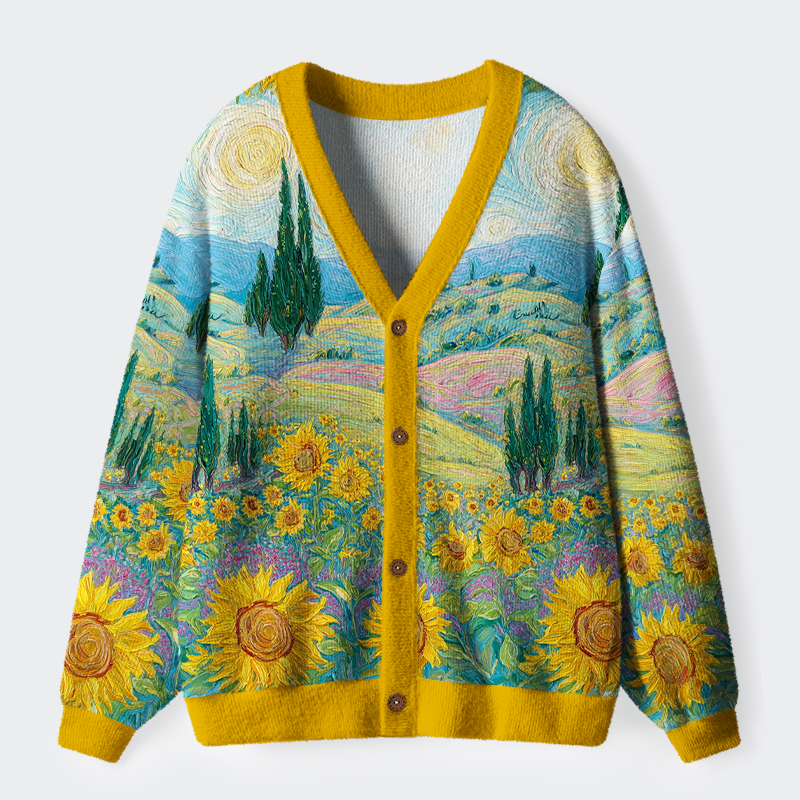 Tokyo-Tiger Van Gogh's Sunflower Dreams Ugly Cardigan Sweater