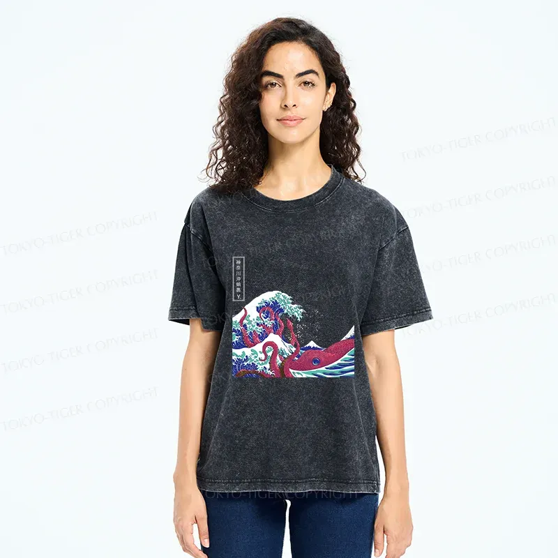 Tokyo-Tiger Octopus And Waves Washed T-Shirt