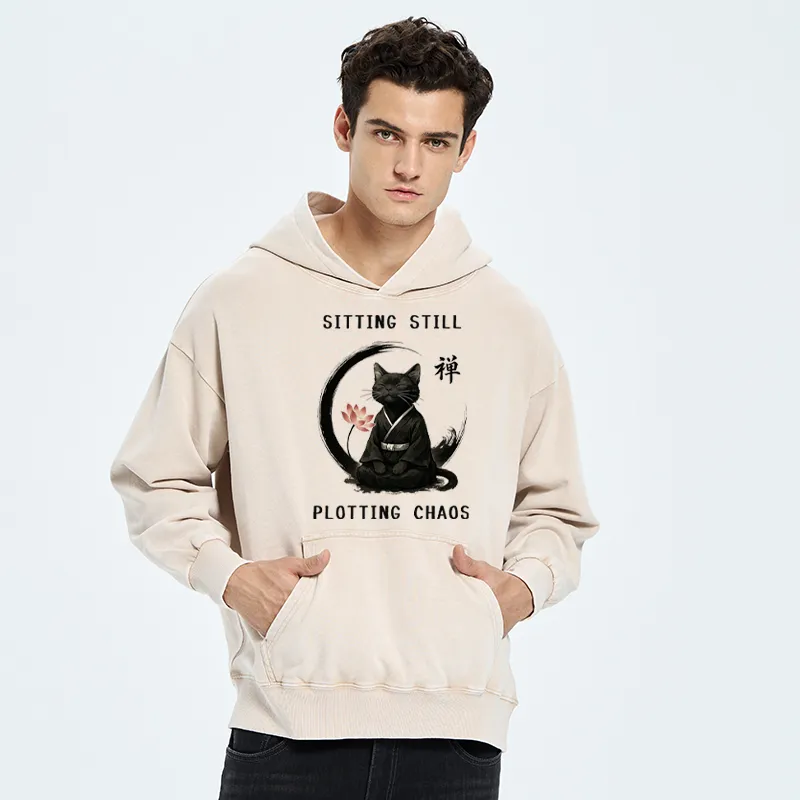 Tokyo-Tiger Sitting still  plotting chaos Calming Zen Cat Funny Washed Hoodie