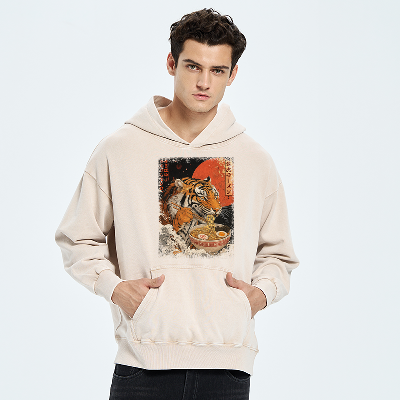 Tokyo-Tiger Ukiyoe Japan Tiger Eating Ramen Washed Hoodie