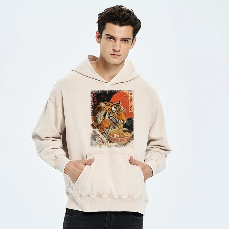 Tokyo-Tiger Ukiyoe Japan Tiger Eating Ramen Washed Hoodie