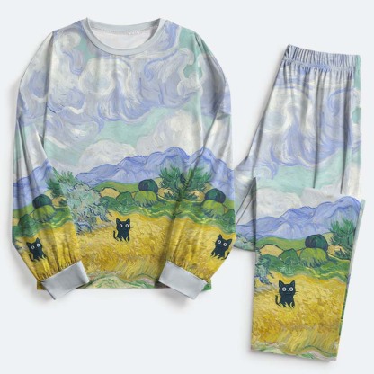 Tokyo-Tiger Black Cat In The Wheat Field Family Pajama Sets