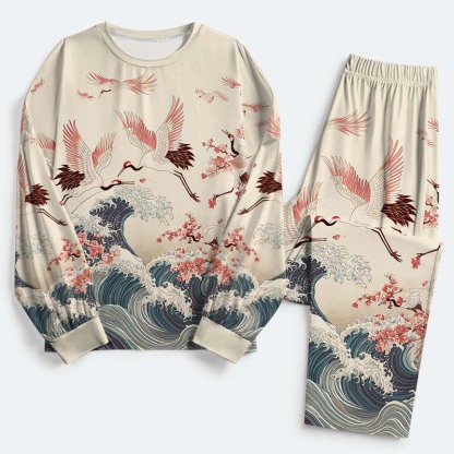 Tokyo-Tiger Cranes Dancing On The Waves Family Pajama Sets