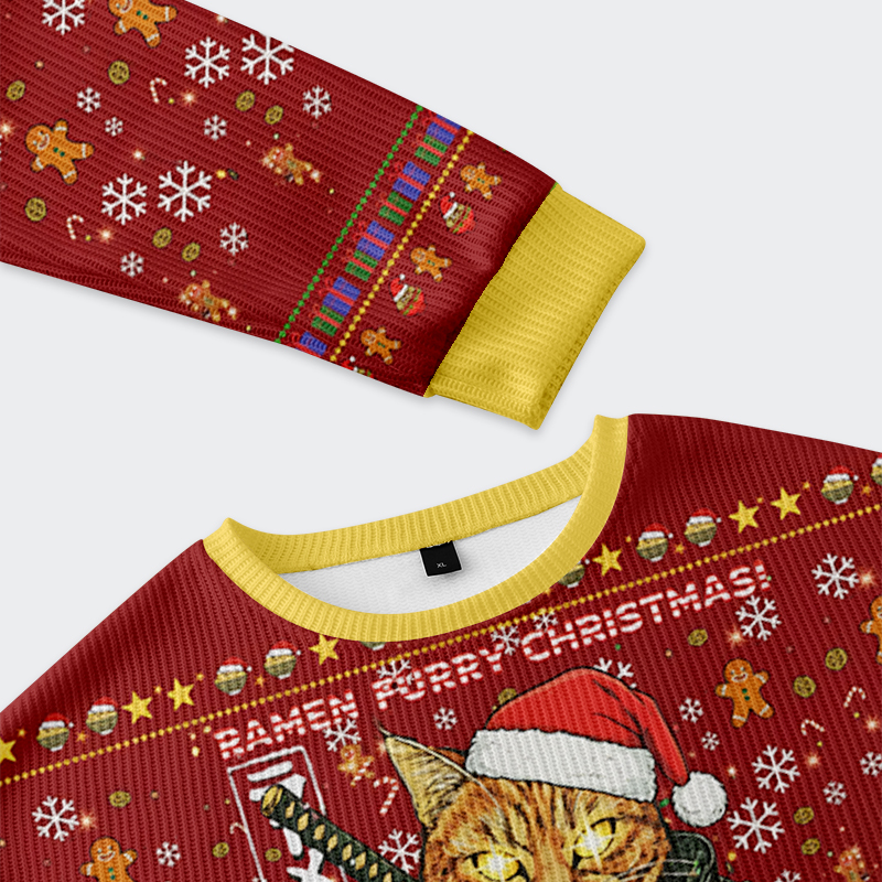 Tokyo-Tiger Cat General Eating Ramen Christmas Ugly Sweatshirt