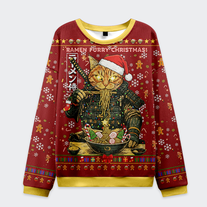 Tokyo-Tiger Cat General Eating Ramen Christmas Ugly Sweatshirt