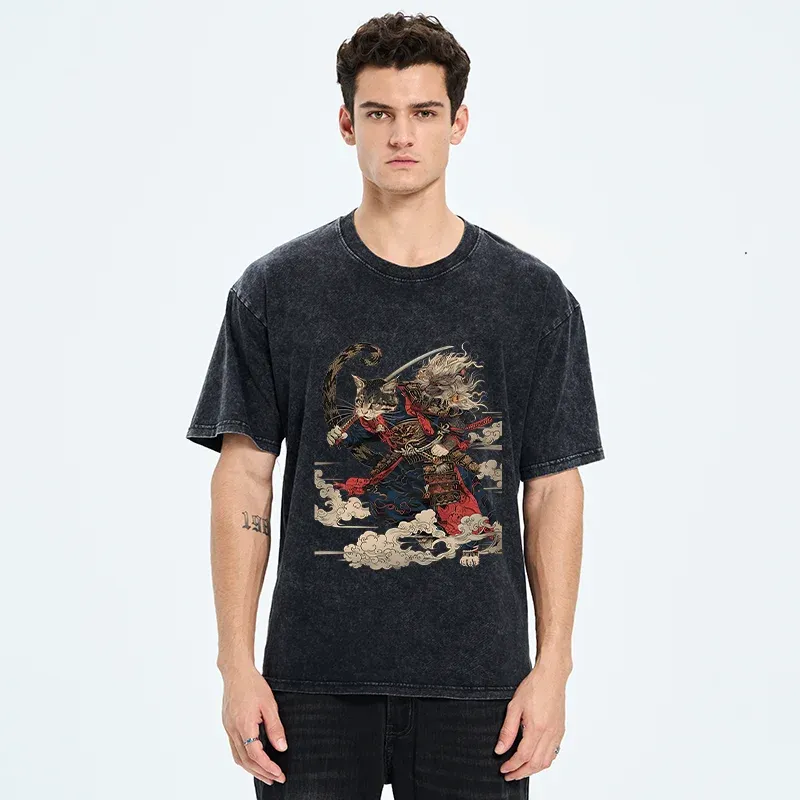 Tokyo-Tiger Gorgeous Samurai Cat Washed T-Shirt