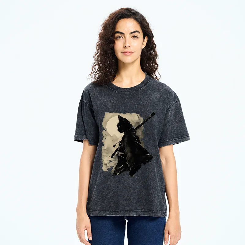 Tokyo-Tiger Under The Moon Cat Samurai Washed T-Shirt