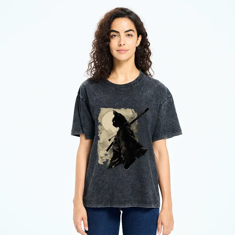 Tokyo-Tiger Under The Moon Cat Samurai Washed T-Shirt