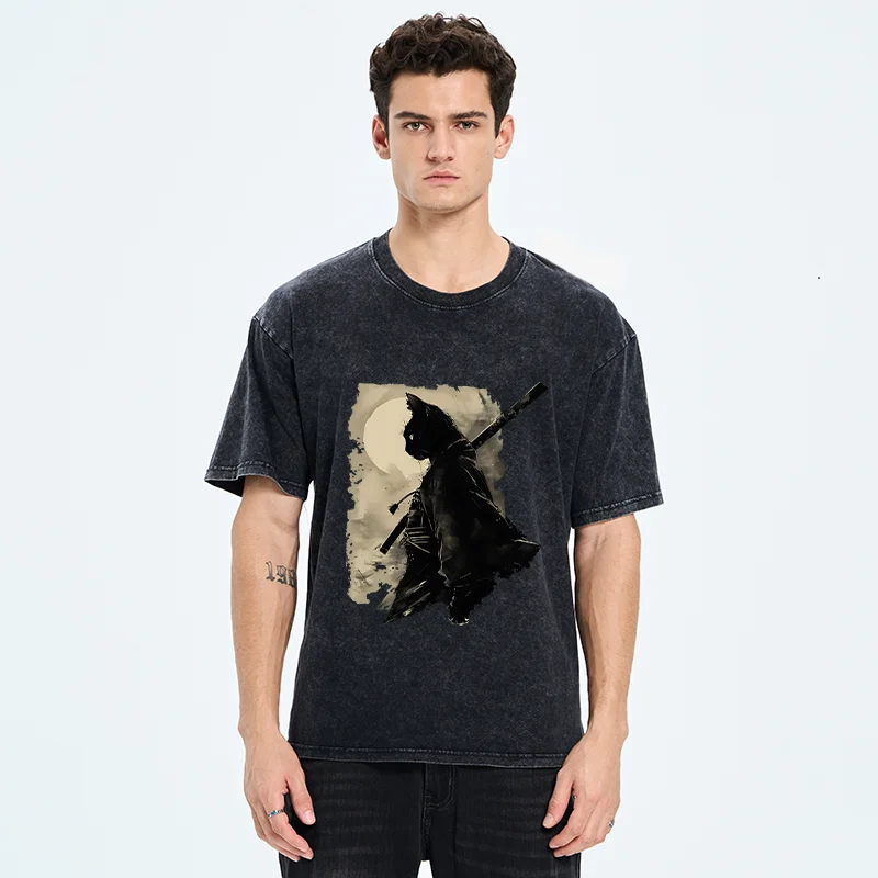 Tokyo-Tiger Under The Moon Cat Samurai Washed T-Shirt