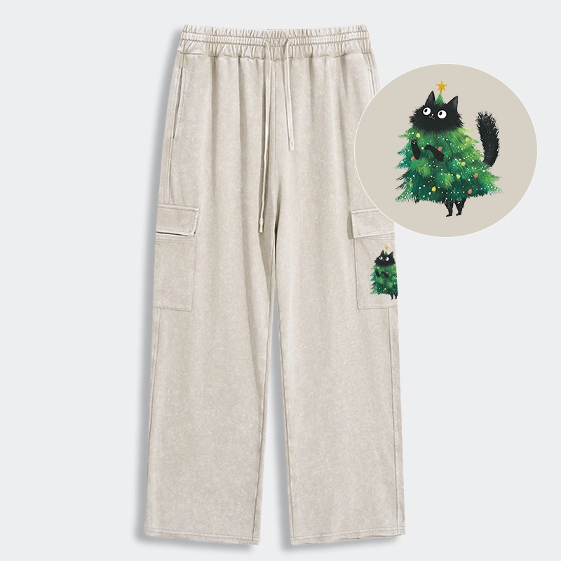 Tokyo-Tiger Christmas Tree Cat Japan Washed Utility Sweatpants