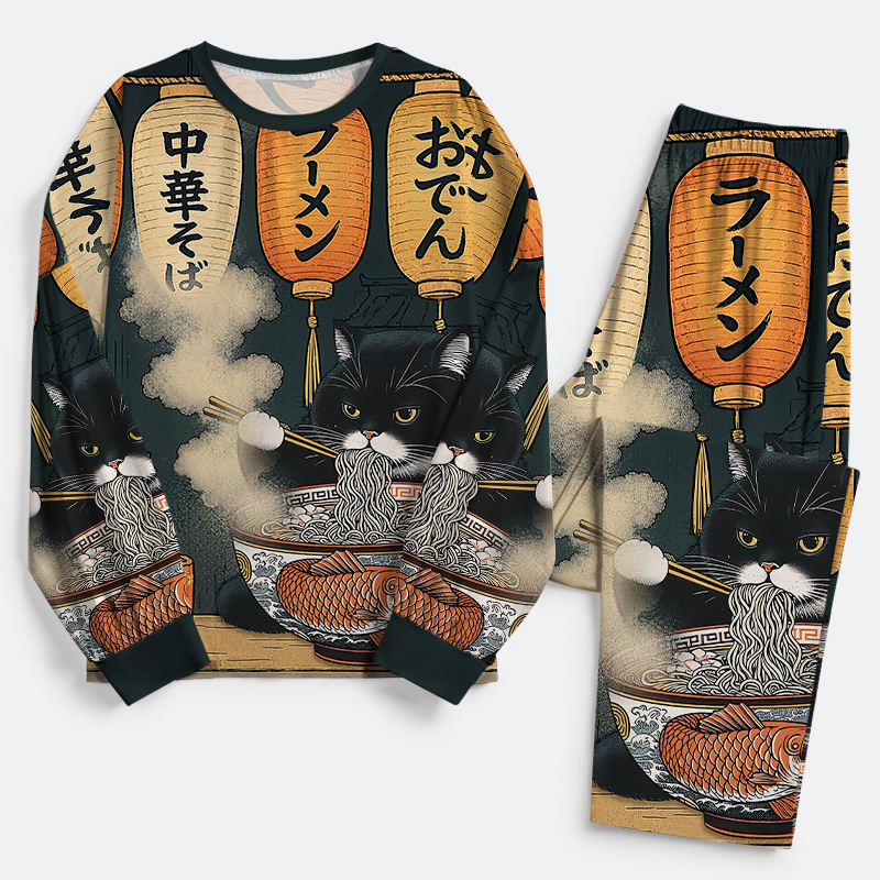 Tokyo-Tiger Fat Cat Eating Ramen Family Pajama Sets
