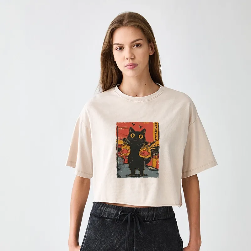 Tokyo-Tiger Cat Fishing Japanese Women's Washed Crop T-Shirt