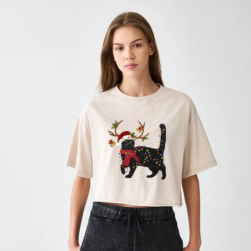 Tokyo-Tiger Christmas Black Cat Women's Washed Crop T-Shirt