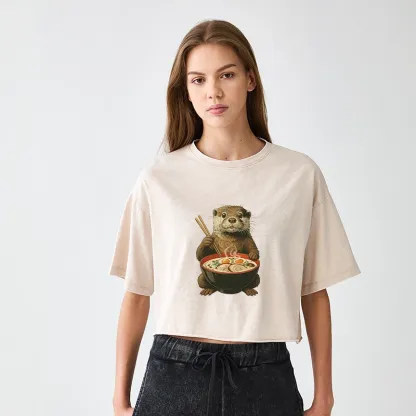 Tokyo-Tiger Japanese Otter Eating Ramen Women's Washed Crop T-Shirt
