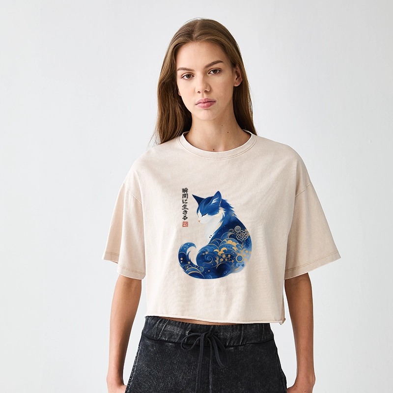 Tokyo-Tiger Retro Zen Cat: Living the Present Women's Washed Crop T-Shirt