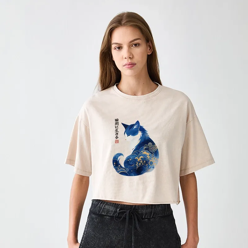 Tokyo-Tiger Retro Zen Cat: Living the Present Women's Washed Crop T-Shirt