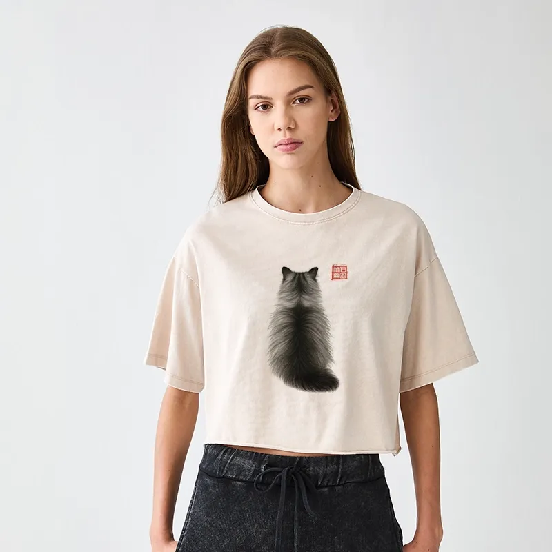 Tokyo-Tiger Cat's Back Ink Painting Washed Crop T-Shirt