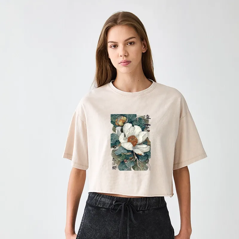 Tokyo-Tiger Ukiyoe Magnolia Flower Poster Women's Washed Crop T-Shirt