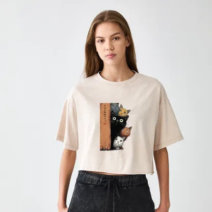 Tokyo-Tiger Five Cats Are Watching You Women's Washed Crop T-Shirt