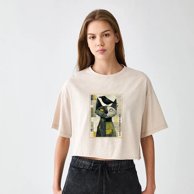 Tokyo-Tiger The Cat And The Crow Are Planning To Rule The World Women's Washed Crop T-Shirt