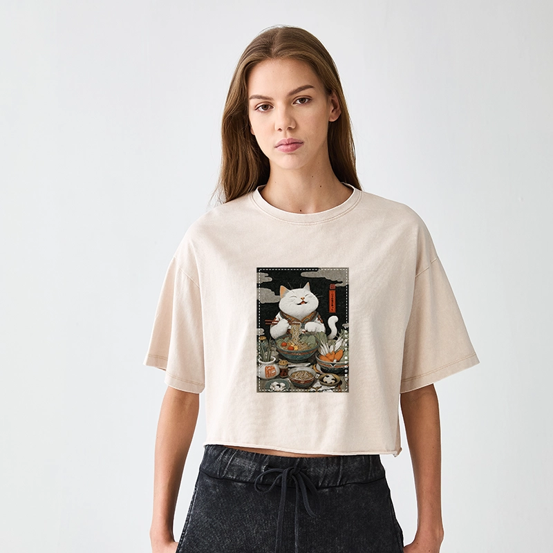 Tokyo-Tiger The Ramen-Loving Cat Women's Washed Crop T-Shirt