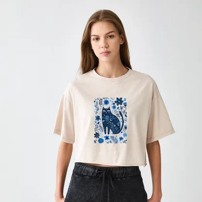 Tokyo-Tiger A Cat Among Flowers Women's Washed Crop T-Shirt