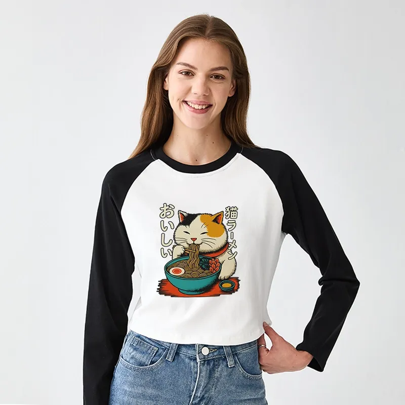 Tokyo-Tiger Cute Eat Eating Japanese Ramen Women's Crop Raglan T-Shirt